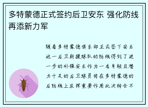 多特蒙德正式签约后卫安东 强化防线再添新力军