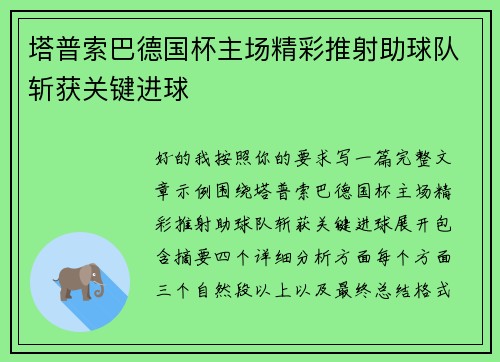 塔普索巴德国杯主场精彩推射助球队斩获关键进球