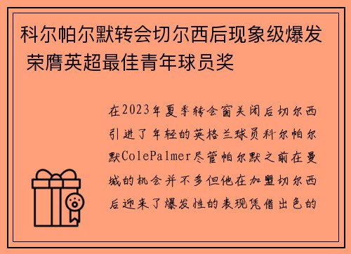 科尔帕尔默转会切尔西后现象级爆发 荣膺英超最佳青年球员奖